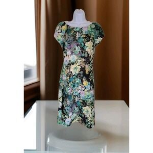 Beige by eci Midi Dress 14  Green Floral Sheath Cap Sleeve Zip Stretch Feminine